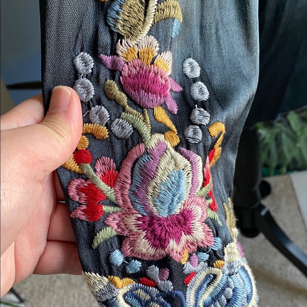 Johnny Was Black Top with Blue and Pink Floral Embroidery - Picture 3 of 7